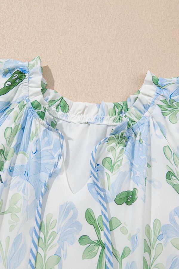 Short Dresses | Women Sky Blue Floral Contrast Edge Ruffle Sleeve Tie Neck Mini Dress - Image 2