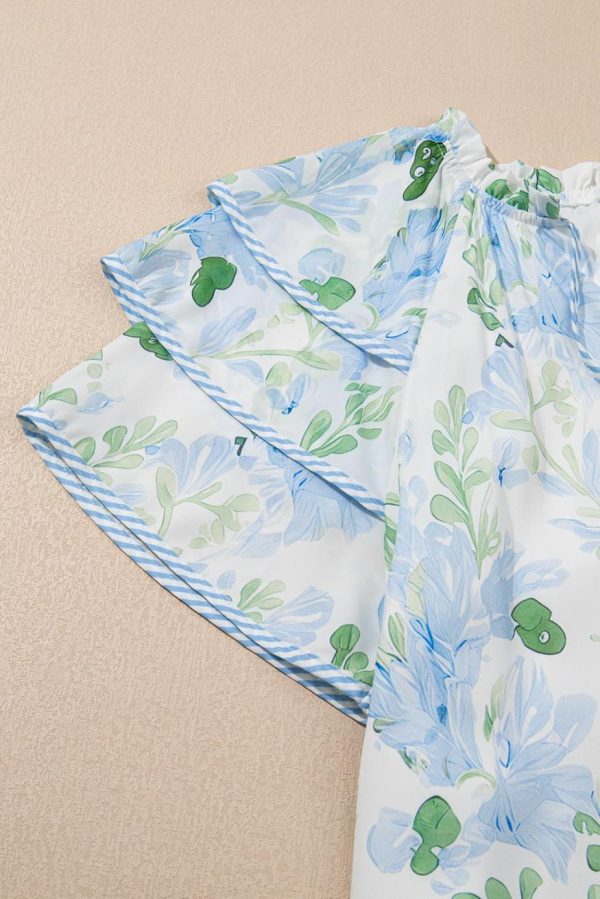 Short Dresses | Women Sky Blue Floral Contrast Edge Ruffle Sleeve Tie Neck Mini Dress - Image 3