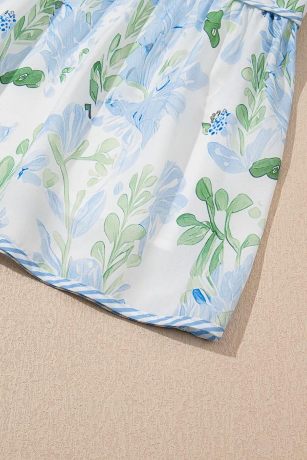 Short Dresses | Women Sky Blue Floral Contrast Edge Ruffle Sleeve Tie Neck Mini Dress - Image 5