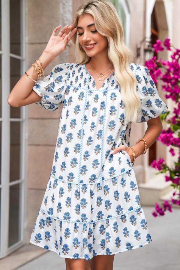 Short Dresses | Women Sky Blue Floral Print Puff Sleeve Tiered Mini Dress - Image 4