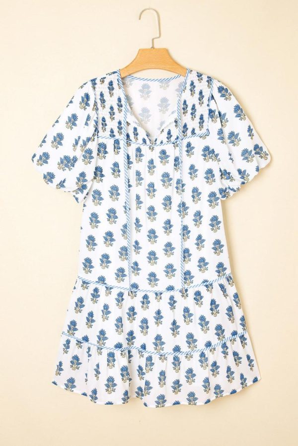 Short Dresses | Women Sky Blue Floral Print Puff Sleeve Tiered Mini Dress - Image 7