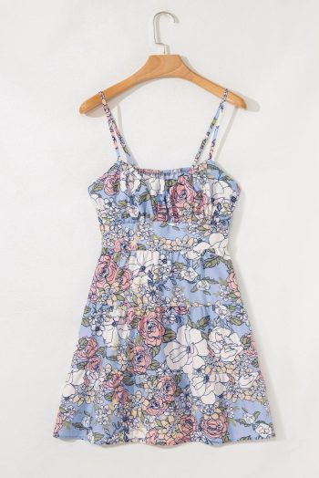 Short Dresses | Women Sky Blue Floral Tiered Patchwork Spaghetti Strap Vacation Dress