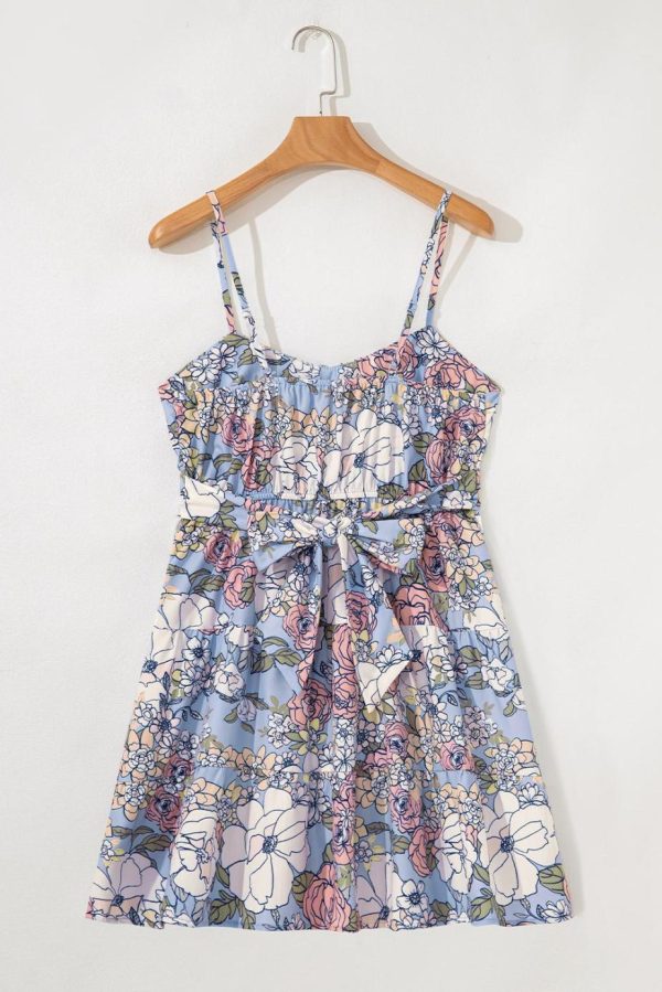 Short Dresses | Women Sky Blue Floral Tiered Patchwork Spaghetti Strap Vacation Dress - Image 2