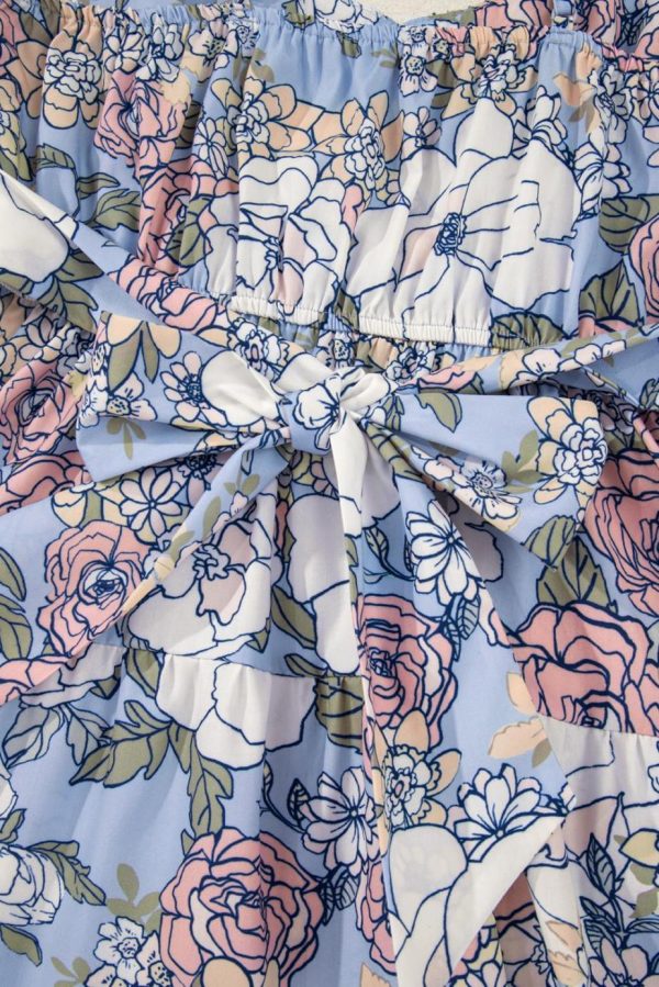 Short Dresses | Women Sky Blue Floral Tiered Patchwork Spaghetti Strap Vacation Dress - Image 3