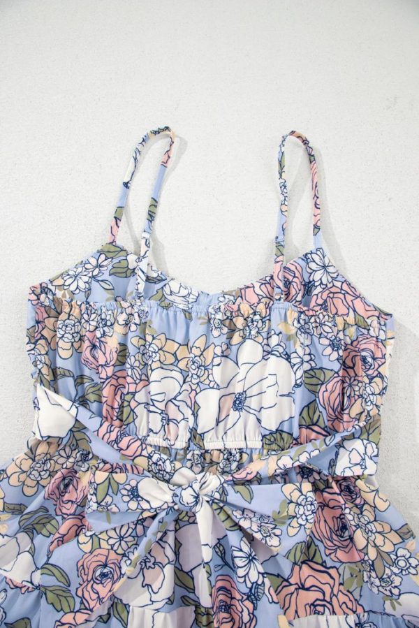 Short Dresses | Women Sky Blue Floral Tiered Patchwork Spaghetti Strap Vacation Dress - Image 4