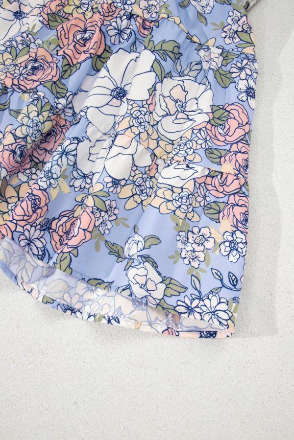 Short Dresses | Women Sky Blue Floral Tiered Patchwork Spaghetti Strap Vacation Dress - Image 6