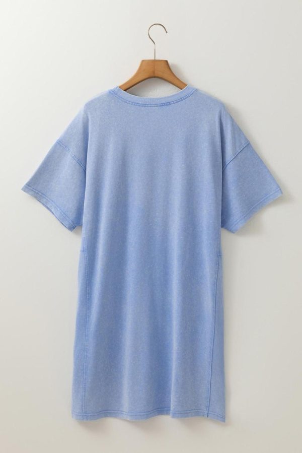 Short Dresses | Women Sky Blue Mineral Wash Flower Patchwork Mini T Shirt Dress - Image 2