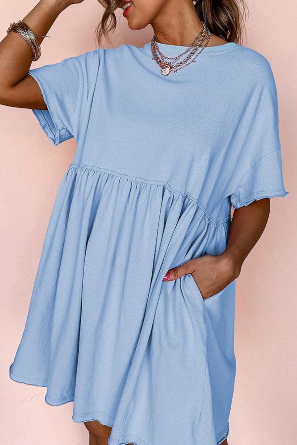Short Dresses | Women Sky Blue Solid Color Pocket Raw Edge Babydoll Dress - Image 3