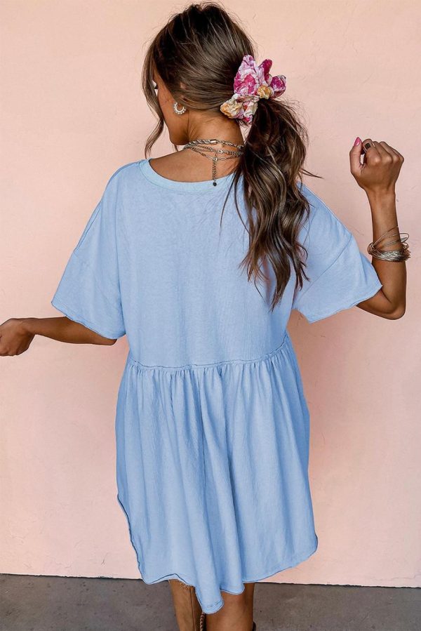 Short Dresses | Women Sky Blue Solid Color Pocket Raw Edge Babydoll Dress - Image 4