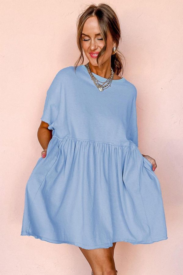 Short Dresses | Women Sky Blue Solid Color Pocket Raw Edge Babydoll Dress - Image 5