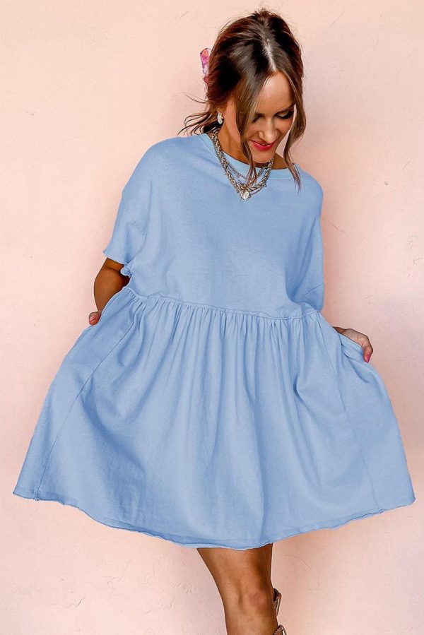 Short Dresses | Women Sky Blue Solid Color Pocket Raw Edge Babydoll Dress - Image 6