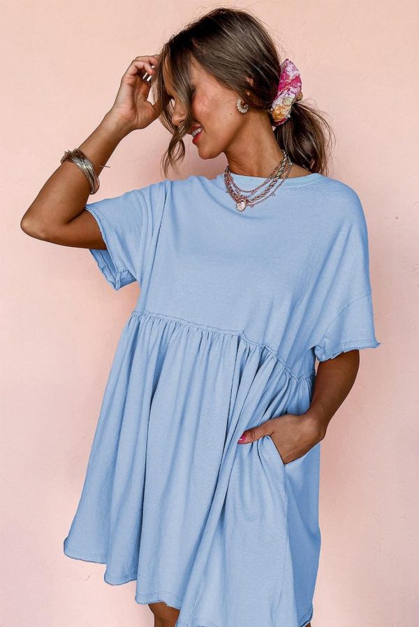 Short Dresses | Women Sky Blue Solid Color Pocket Raw Edge Babydoll Dress - Image 7