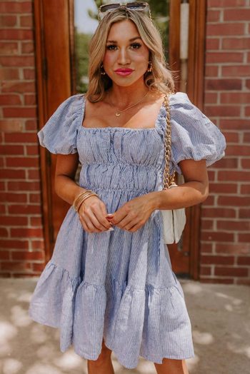 Short Dresses | Women Sky Blue Stripe Bubble Sleeve Square Neck Ruched Pocket Babydoll Dress