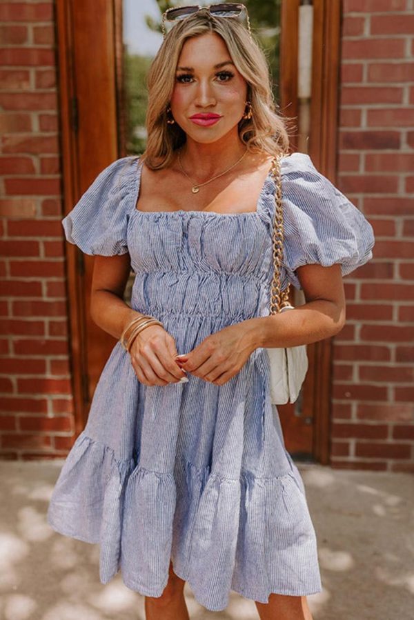 Short Dresses | Women Sky Blue Stripe Bubble Sleeve Square Neck Ruched Pocket Babydoll Dress