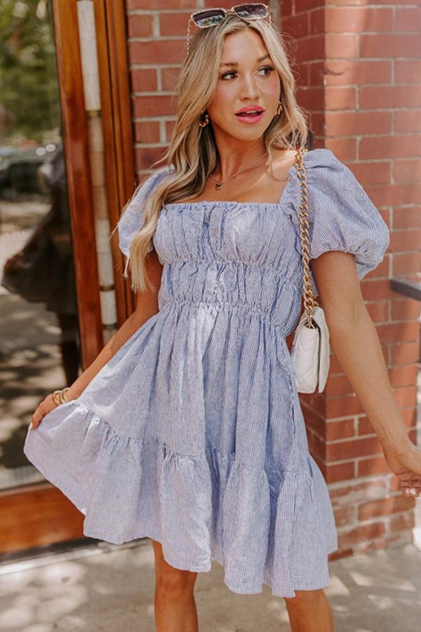 Short Dresses | Women Sky Blue Stripe Bubble Sleeve Square Neck Ruched Pocket Babydoll Dress - Image 2