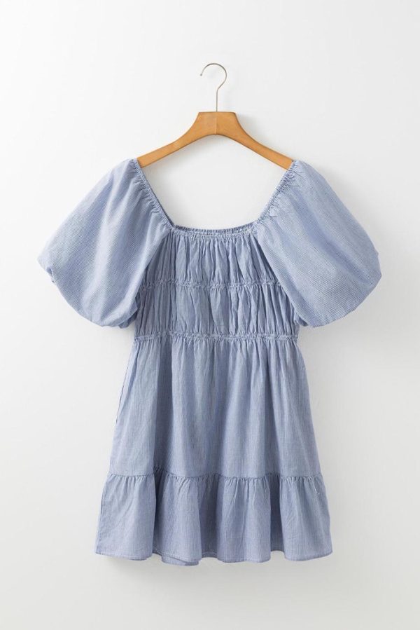 Short Dresses | Women Sky Blue Stripe Bubble Sleeve Square Neck Ruched Pocket Babydoll Dress - Image 5