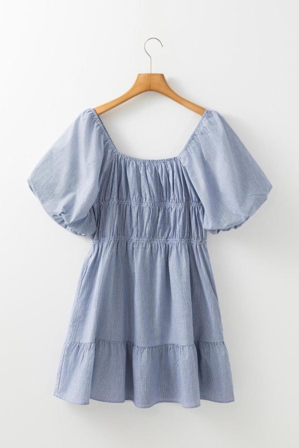Short Dresses | Women Sky Blue Stripe Bubble Sleeve Square Neck Ruched Pocket Babydoll Dress - Image 6