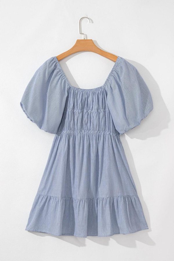 Short Dresses | Women Sky Blue Stripe Bubble Sleeve Square Neck Ruched Pocket Babydoll Dress - Image 7