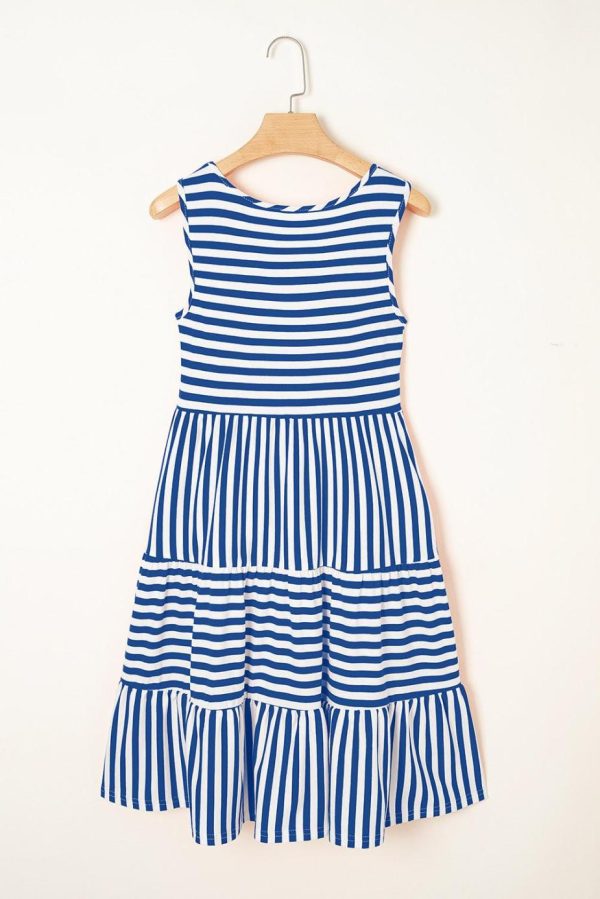 Short Dresses | Women Sky Blue Striped U Neck Sleeveless Loose Fit Mini Dress - Image 2