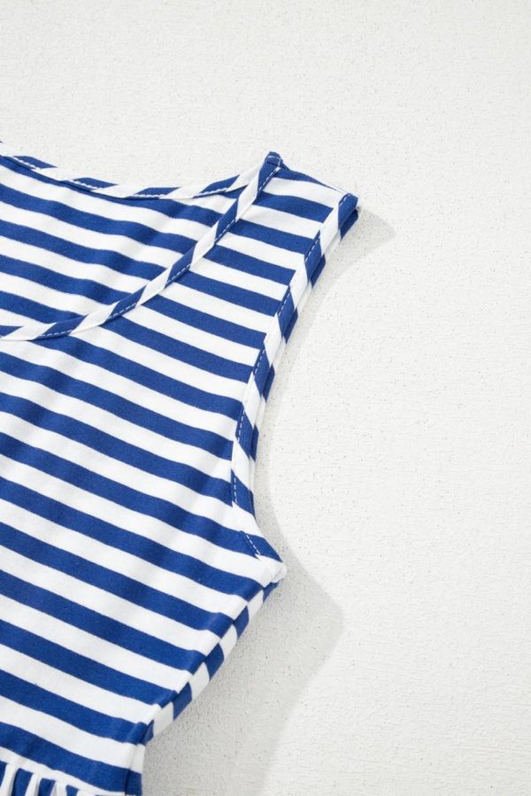 Short Dresses | Women Sky Blue Striped U Neck Sleeveless Loose Fit Mini Dress - Image 4