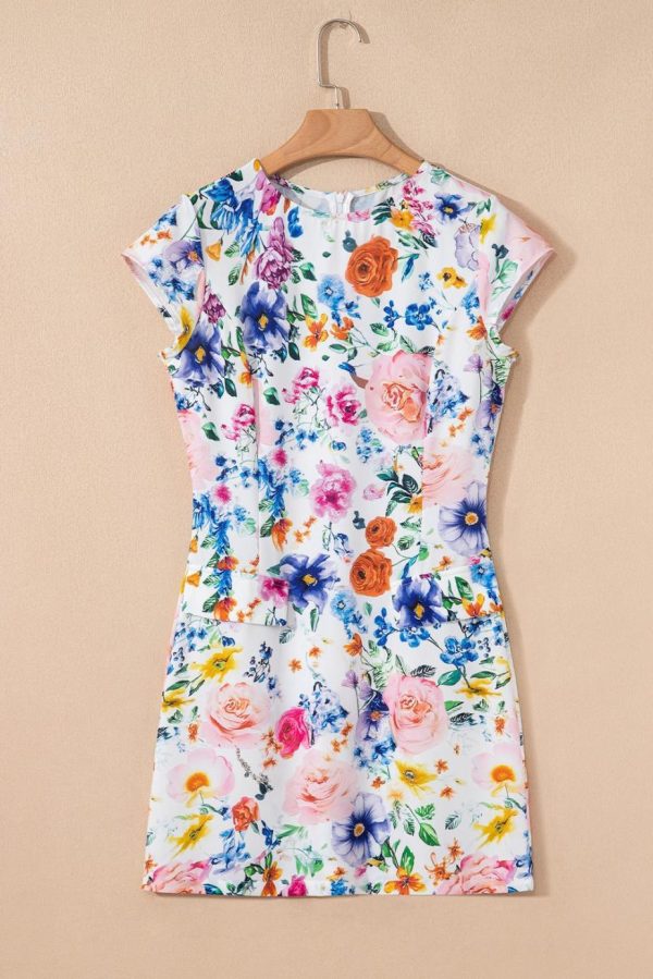 Short Dresses | Women Sky Blue Vibrant Floral Print Cap Sleeve Mini Dress - Image 4
