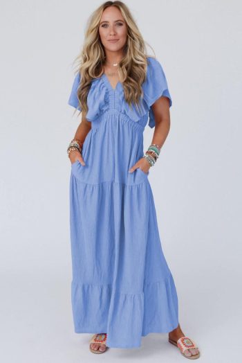Maxi Dresses | Women Sky Blue Textured V Neck Flutter Sleeve Ruffled Maxi Dress