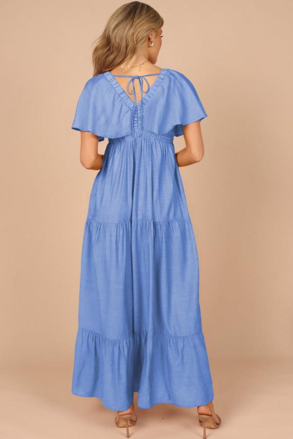 Maxi Dresses | Women Sky Blue Textured V Neck Flutter Sleeve Ruffled Maxi Dress - Image 2