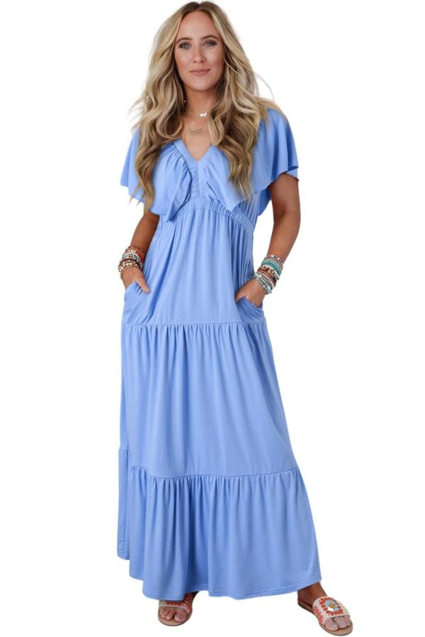 Maxi Dresses | Women Sky Blue Textured V Neck Flutter Sleeve Ruffled Maxi Dress - Image 4