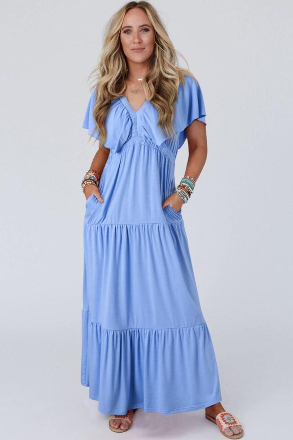 Maxi Dresses | Women Sky Blue Textured V Neck Flutter Sleeve Ruffled Maxi Dress - Image 5