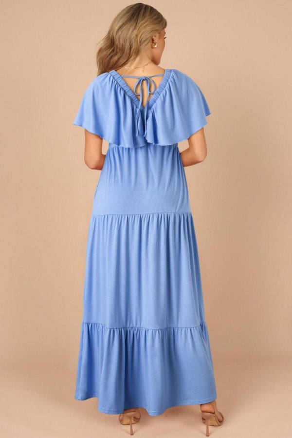 Maxi Dresses | Women Sky Blue Textured V Neck Flutter Sleeve Ruffled Maxi Dress - Image 6