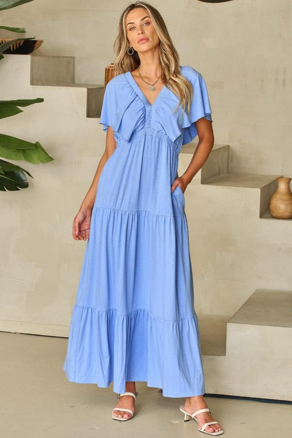 Maxi Dresses | Women Sky Blue Textured V Neck Flutter Sleeve Ruffled Maxi Dress - Image 7